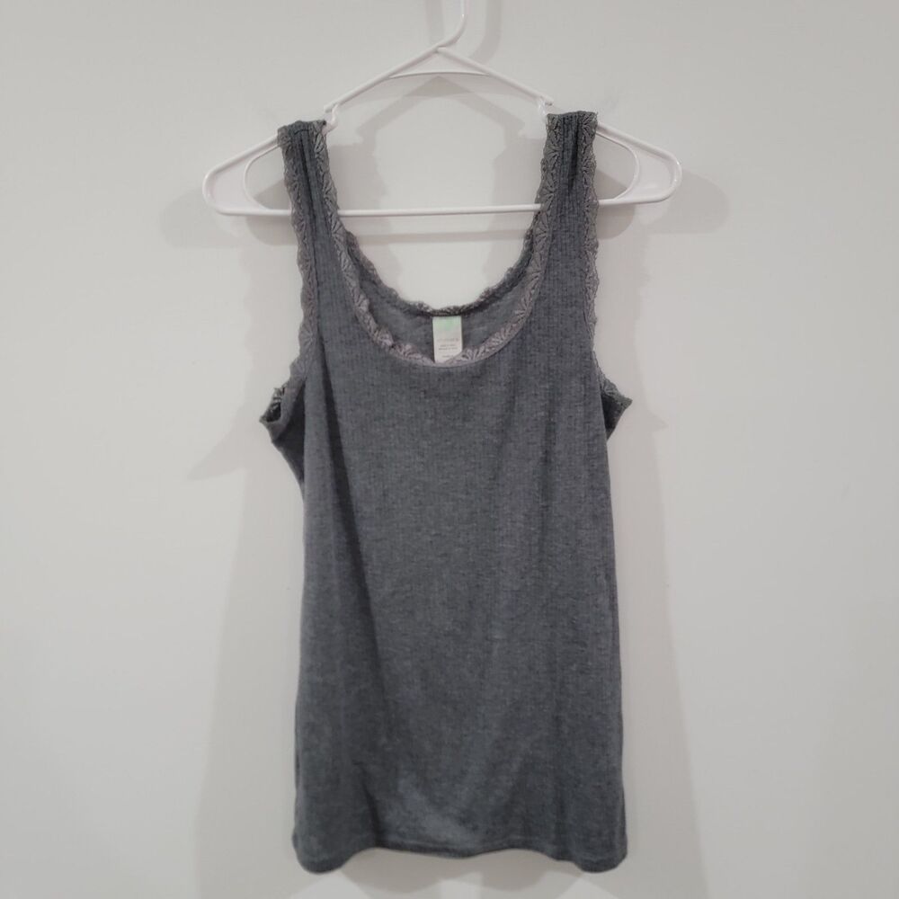 Y2K Womens Tank Top Size Medium Fitted Gray‎ Lace Trim Elana Bella Preppy